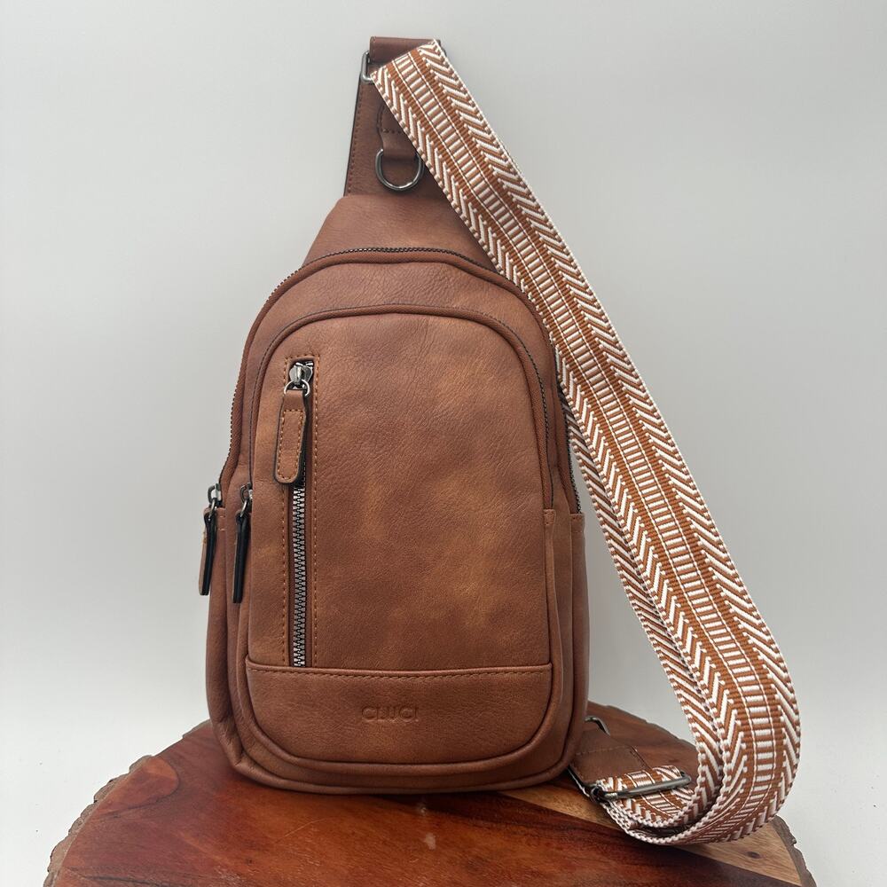 Cluci Crossbody Bag Sling Backpack Brown EUC Travel Quiet Luxury Organization